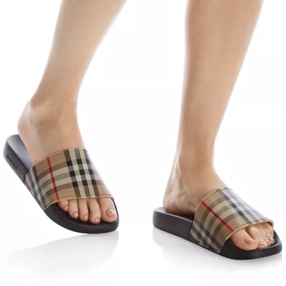 Burberry Beige Black Red Check Slide Sandals